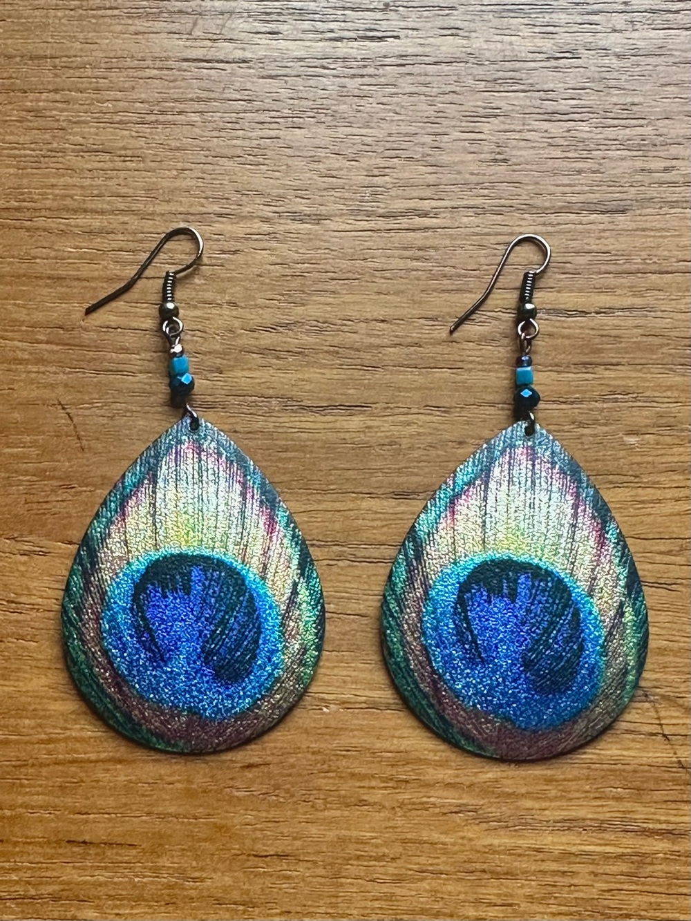 Peacock Feather Painted Metal Teardrop Dangle Beaded Earrings Boho Statement